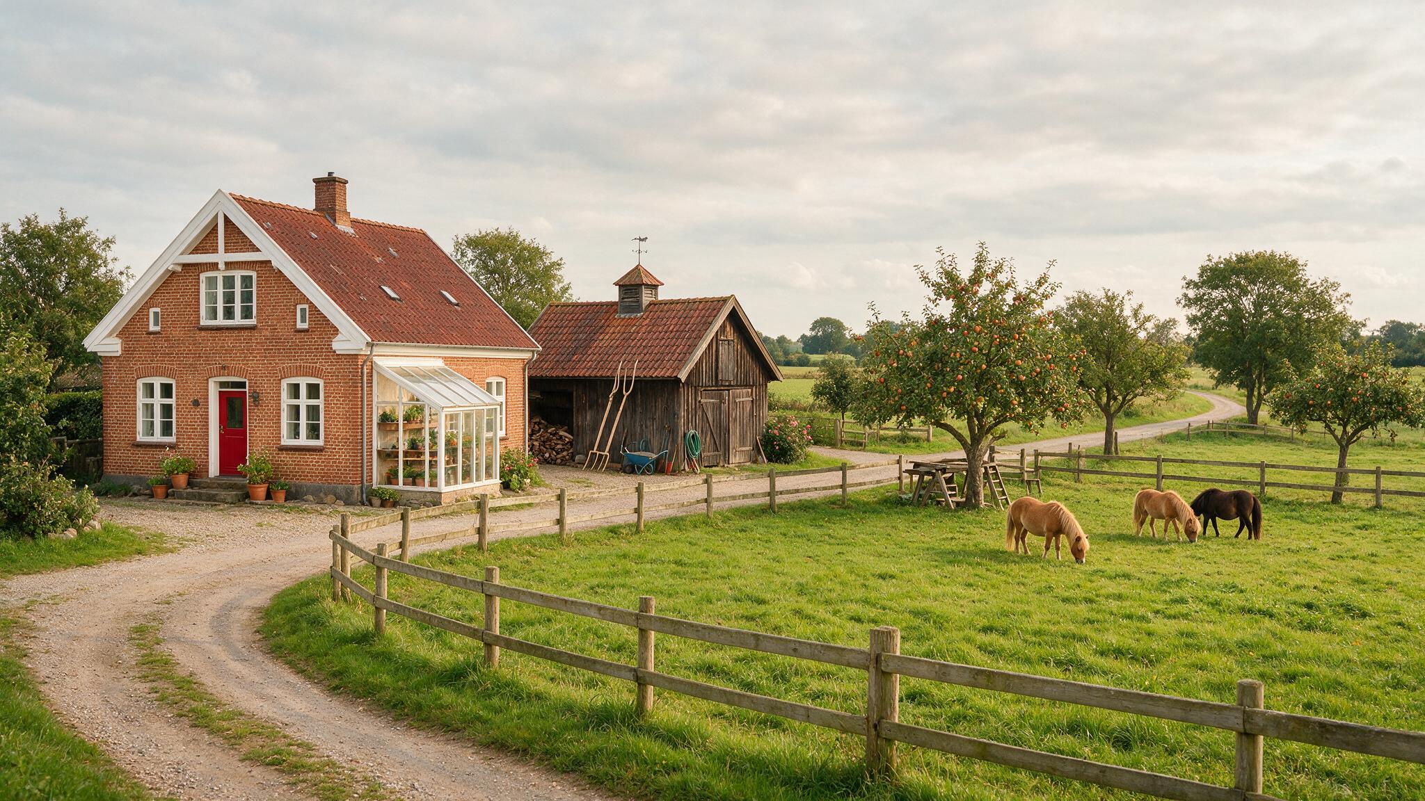 Sfeerbeeld van een kleine Deense hoeve (AI-gegenereerd)
