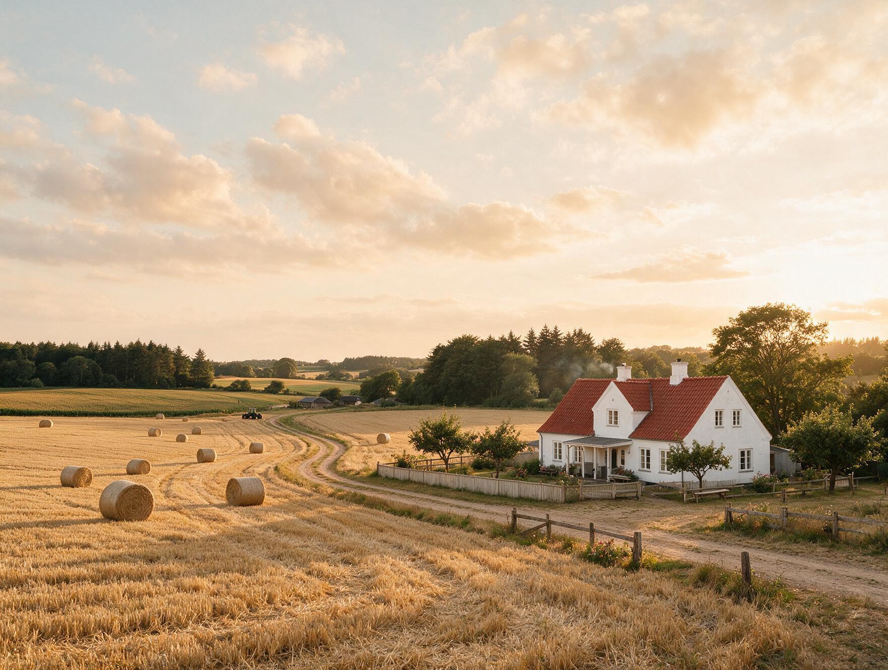 Sfeerbeeld: Deens landschap met boerderij en korenvelden (AI-gegenereerd)